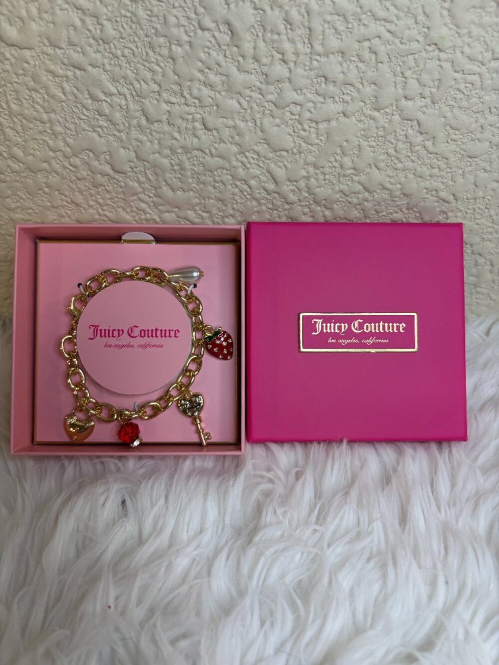 Juicy Couture Gold Charm Bracelet Strawberry Key Heart Pink Gift Box NWT